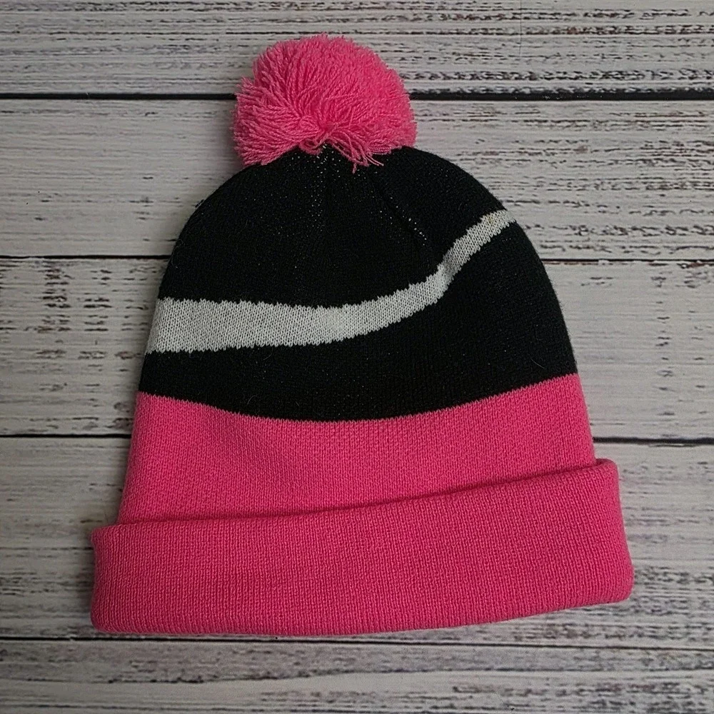 Nike Big Swoosh Knit Beanie Winter Pom Hat Pink White Black Youth‎ Acrylic